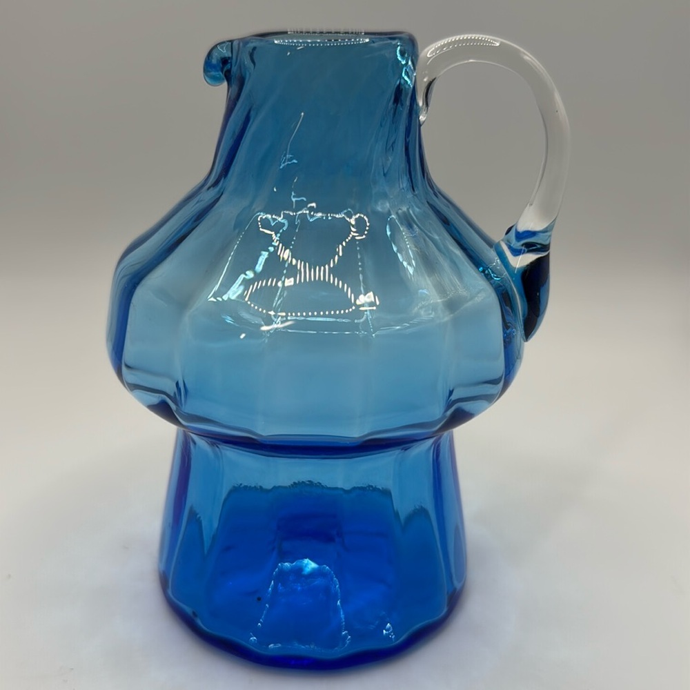 Pilgrim Glass Pitcher Blue with clear handle handblown 4.75” tall